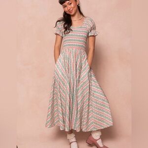 Ivy City Co Pink and Green Striped Midi Dress